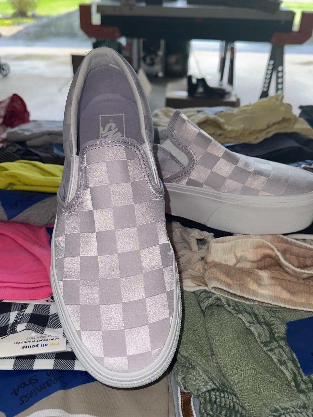 Vans Slip-On Lavendar Checkerboard Platform Sneakers